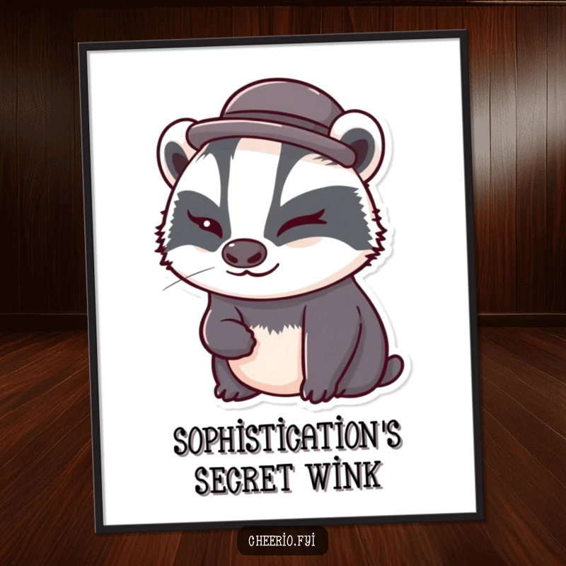 Funny badger wearing a tiny bowler hat winks cheekily on a vibrant poster, adding humorous animal art to any room.