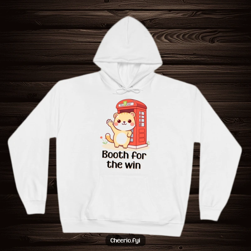 Funny animal waving towards a red phone booth, featured on a cozy and humorous hoodie.