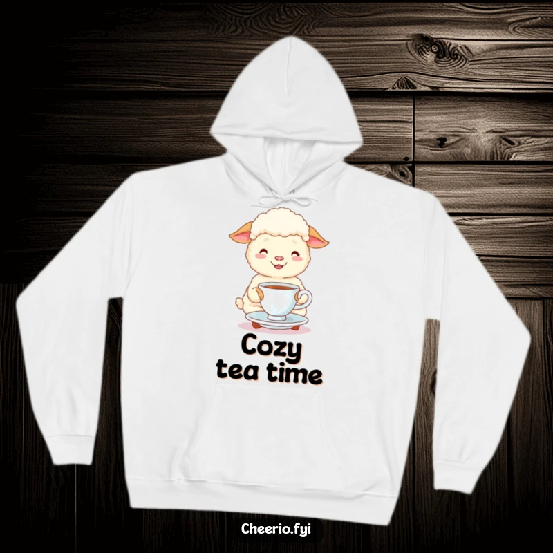 Funny happy sheep sips merrily from a tea cup and saucer on a soft hoodie, a cozy and humorous gift.