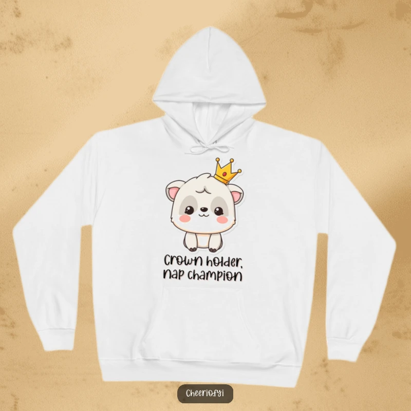 Funny hoodie showcasing a smiling animal character proudly displaying a tiny crown, exuding comfort and royalty.