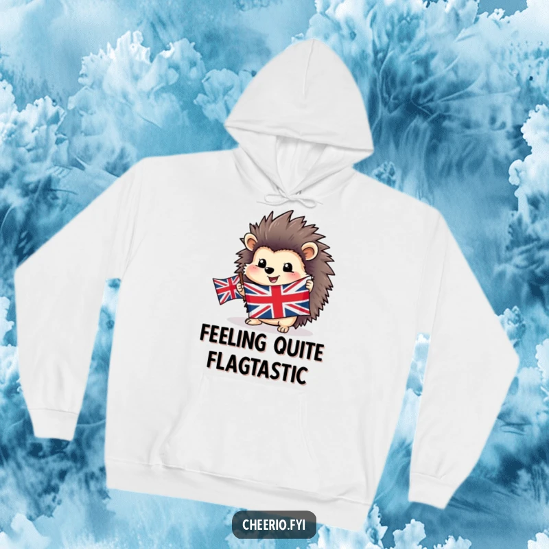 Funny cozy hedgehog hoodie featuring a happy creature holding a Union Jack flag, perfect for patriotic warmth.