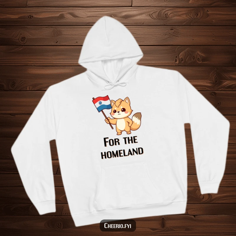 Funny hoodie featuring a proud, determined animal character gesturing towards a stylized flag, ideal for patriots.