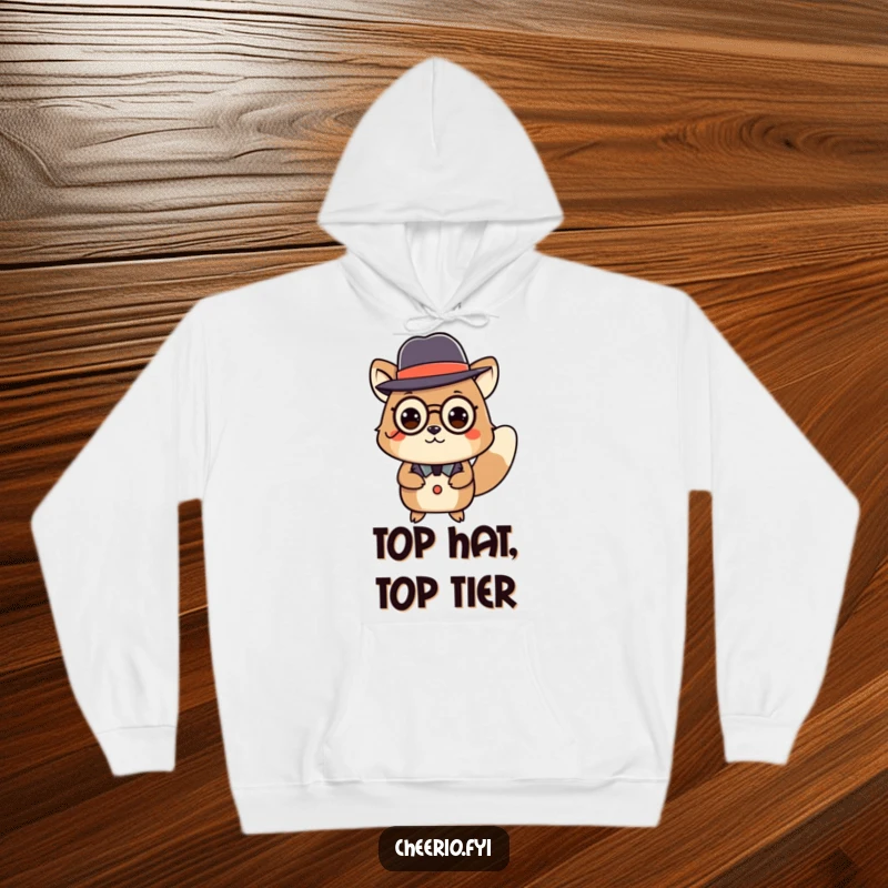 Cozy funny hoodie displaying an animal wearing a bowler hat and monocle, gracefully curtseying with a humorous touch.