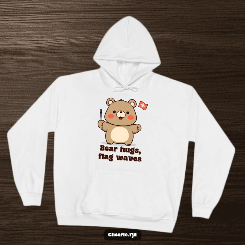 Funny hoodie with a stout bear character enthusiastically waving a small flag adorned with a white cross.