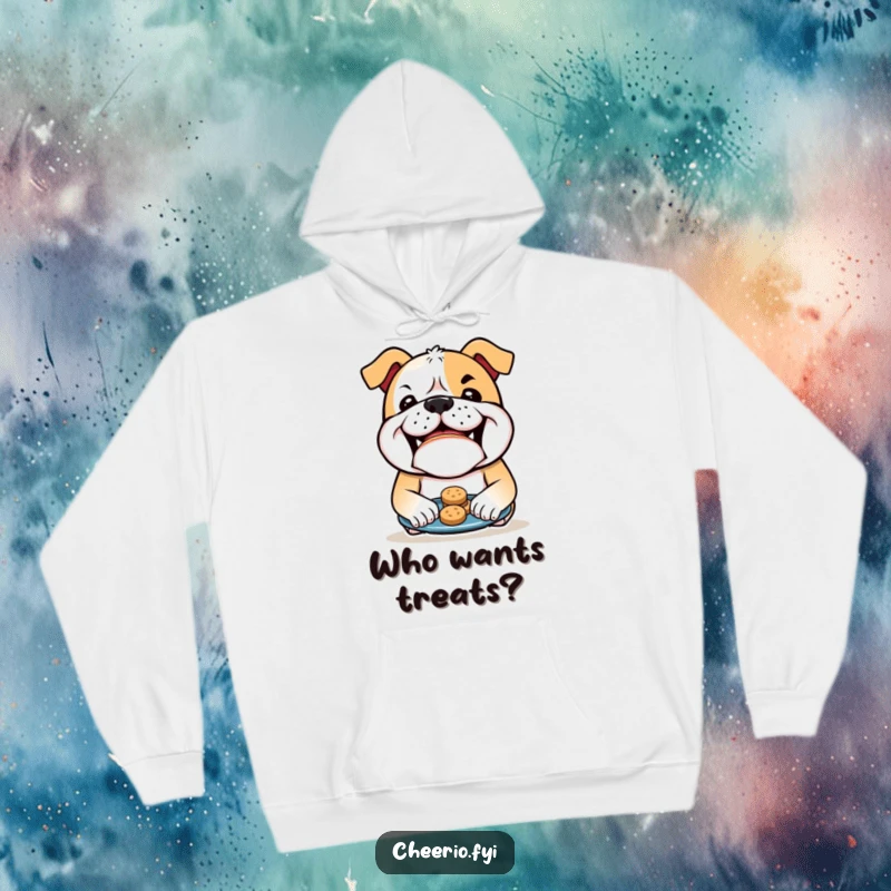 Funny Bulldog Hoodie: A bulldog with a mischievous grin offers biscuits, exuding warmth and humor. A wonderful funny gift for dog fans.