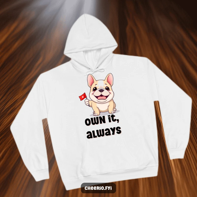 Funny Bulldog Hoodie: A happy bulldog with a proud grin holds a miniature flag, ready for comfort.