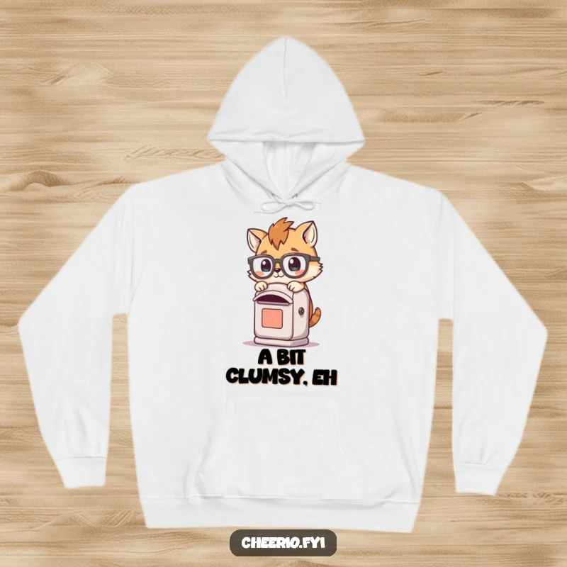 Funny hoodie featuring a playful animal in oversized glasses tripping over a small post box, perfect for cozy laughs.