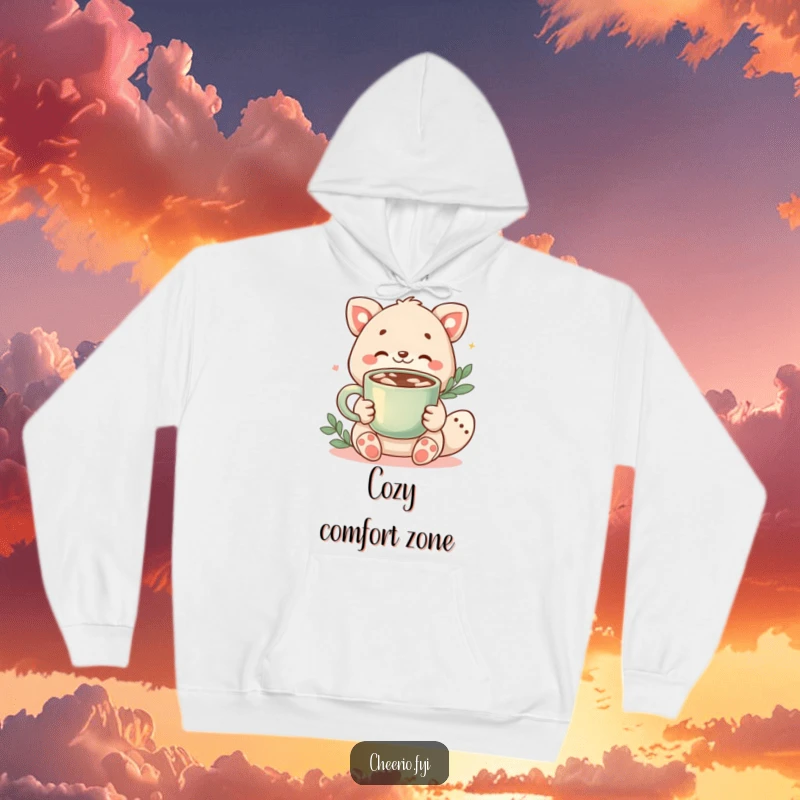 Funny hoodie showcasing a friendly animal character offering a warm cup of cocoa, exuding comfort and kindness.