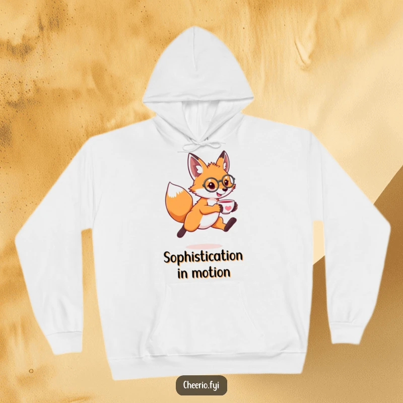 Funny hoodie showcasing a leaping fox wearing a monocle and holding a tiny teacup, perfect for cozy and humorous intellectual style.