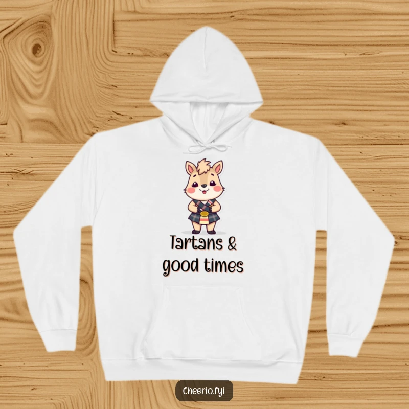 Funny British animal in a small kilt, smiling cheerfully, featured on a cozy hoodie, a humorous and warm gift.
