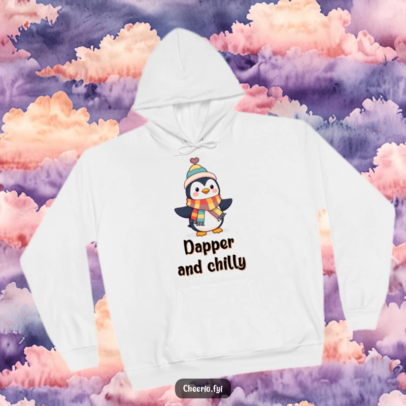 Funny Penguin Hoodie: A penguin in a top hat waves a colorful scarf, exuding classic style and playful charm. A wonderful funny gift.