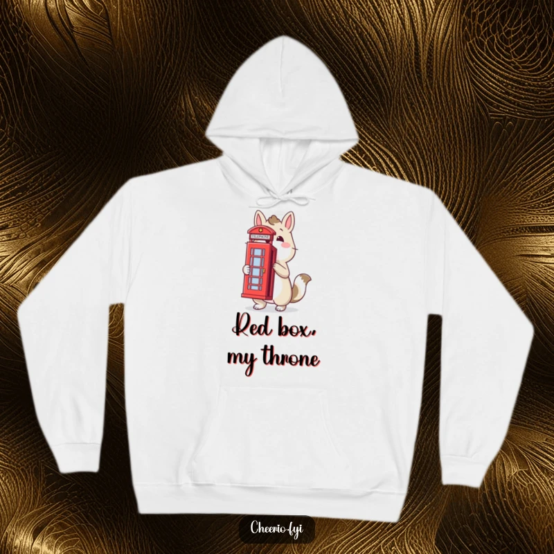 Funny hoodie depicting a proud animal with a red telephone box, offering cozy warmth and a touch of British humor, great funny gift.