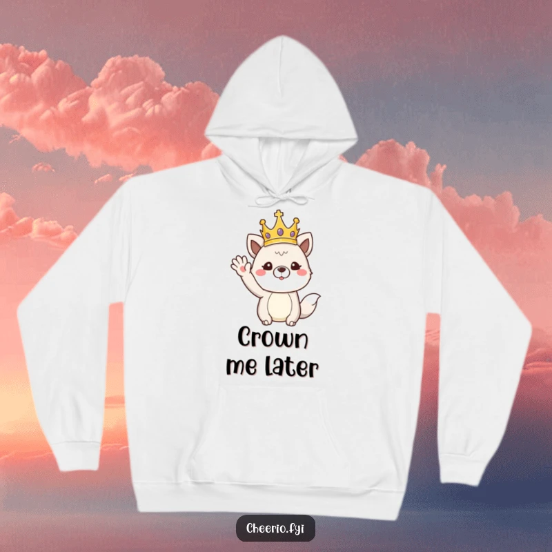 Cozy funny hoodie depicting an animal wearing a crown and executing a regal wave, offering warmth and majestic humor.