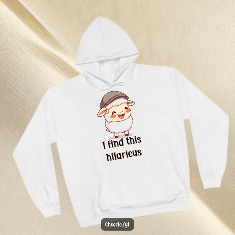 Funny Sheep Flat Cap Hoodie: A happy sheep wearing a flat cap laughs heartily, perfect for cozy, humorous moments.
