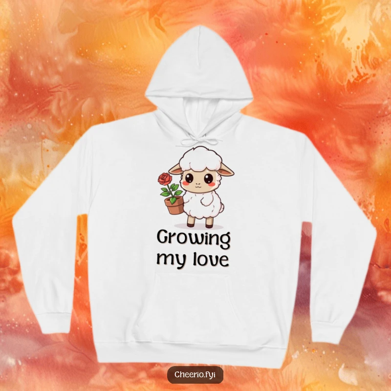 Funny Sheep Hoodie: A determined sheep carries a potted rose, exuding gentle humor and a love for growth. A wonderful funny gift.