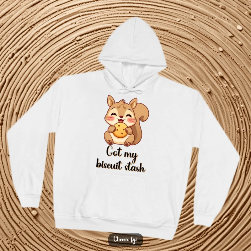 Funny cozy squirrel hoodie holding a small biscuit, bringing warmth and snack-time delight.