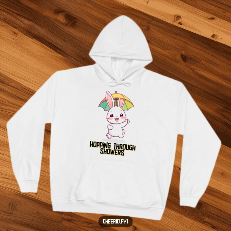 Funny hoodie depicting a happy rabbit gleefully hopping outdoors, holding a tiny umbrella for protection or fun.