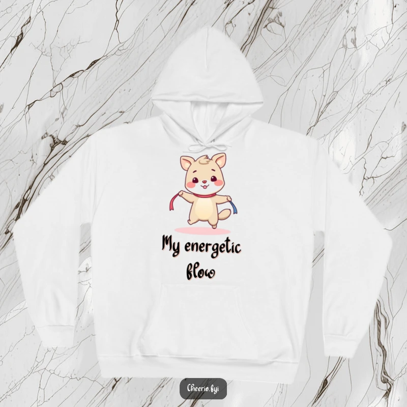 Funny hoodie showcasing a cheerful animal with a bright disposition, playfully skipping rope with a ribbon, radiating fun.