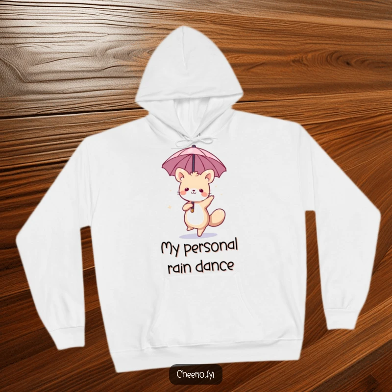 Funny hoodie with a whimsical animal dancing under a miniature umbrella, offering cozy comfort and playful charm, great funny gift.