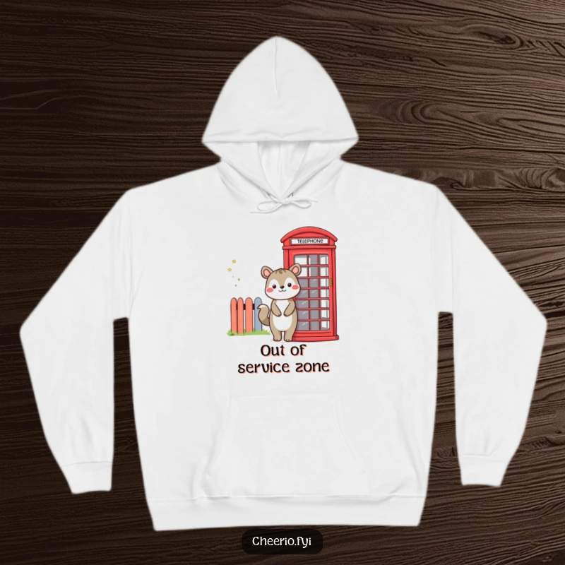 Funny hooded sweatshirt with a friendly animal character smiling beside a red telephone booth, offering warmth and humorous style.