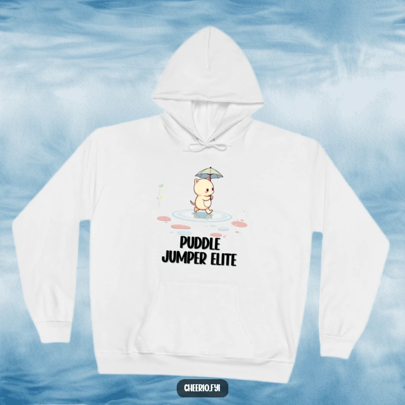 Funny creature with a small umbrella walking across a puddle, depicted on a cozy, humorous hoodie.