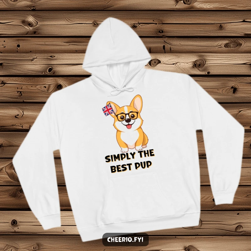 Funny Corgi Monocle Union Jack Hoodie: A cheerful corgi wearing a monocle waves the union flag, offering warmth and British charm.