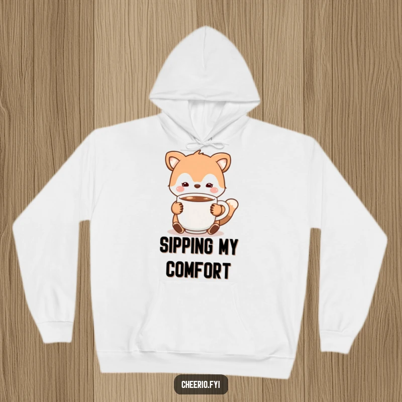Funny Hoodie showcasing an animal character offering a warm cup of cocoa, providing cozy comfort and cheerful style.