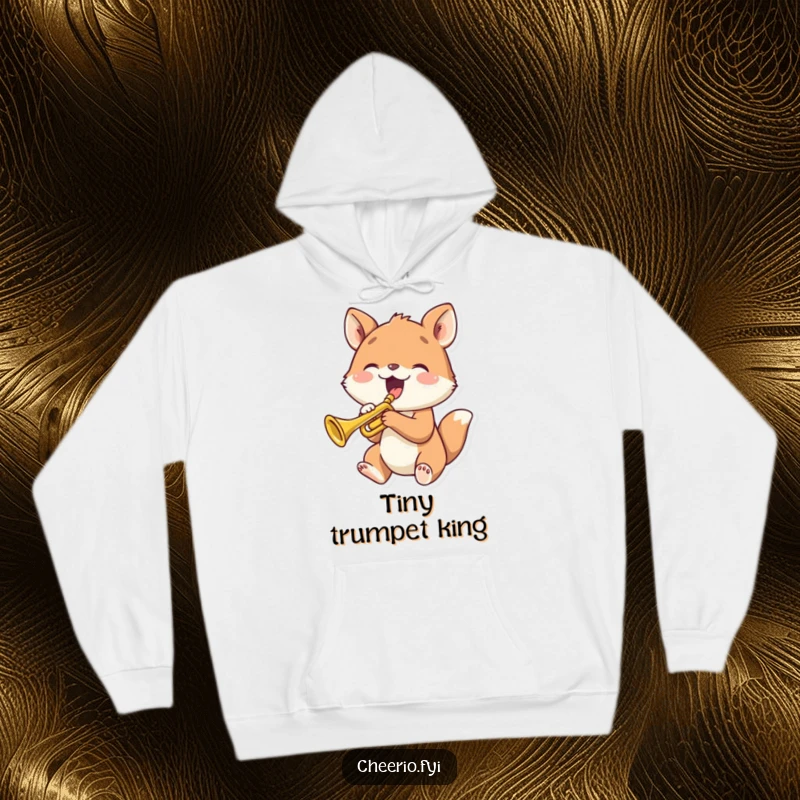 Funny animal joyfully playing a tiny trumpet, featured on a cozy and humorous hoodie.