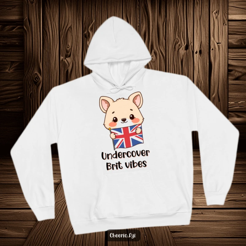 Funny hoodie showcasing a happy animal character peeking from behind a Union Jack flag, offering warmth.