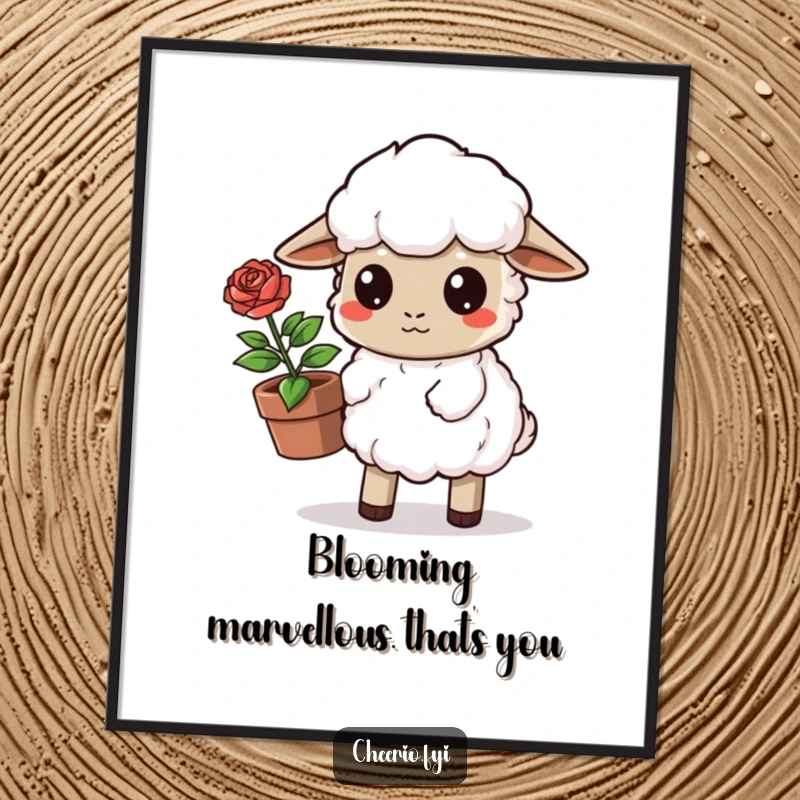 Funny Free Printable Wall Art: Determined sheep with a gentle expression carries a potted rose, cute floral downloadable decor.