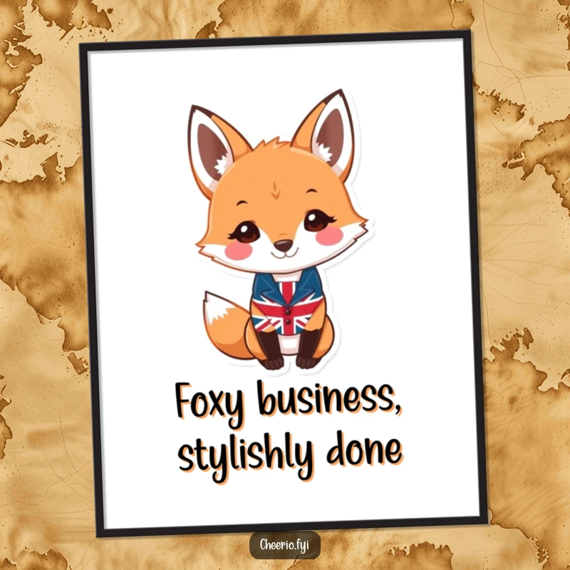 Funny Free Printable Wall Art featuring a smiling fox wearing a tiny Union Jack waistcoat, looking sharp and sophisticated.