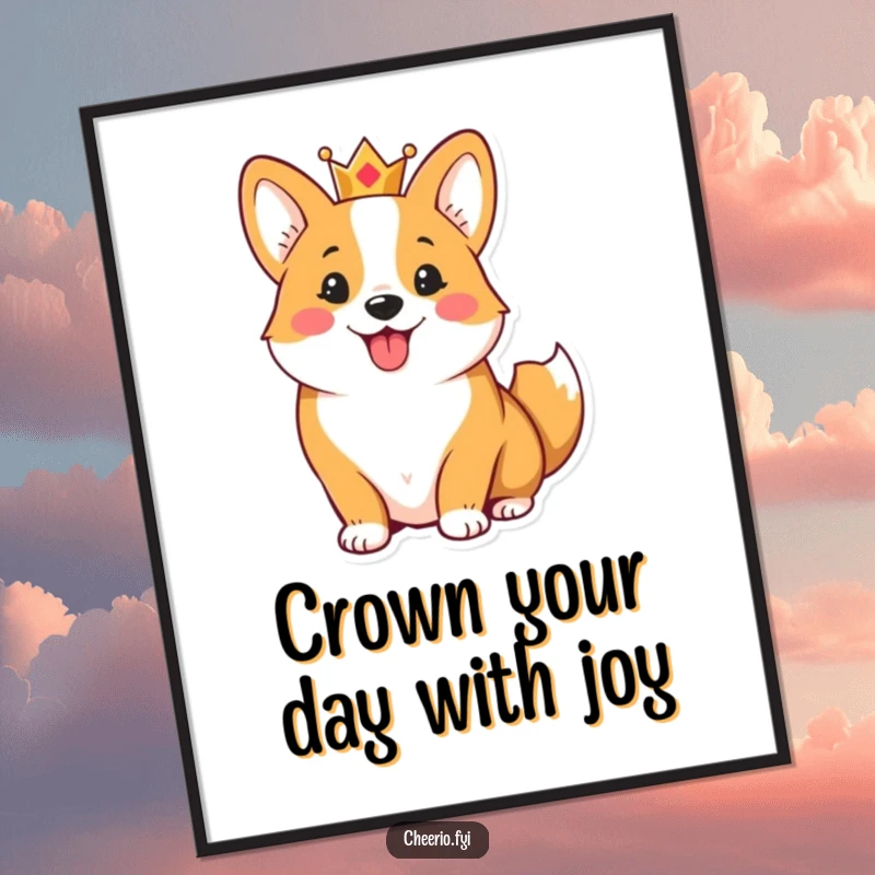 Funny Free Printable Wall Art: Cheerful corgi wearing a small crown, wagging its tail with royal charm.