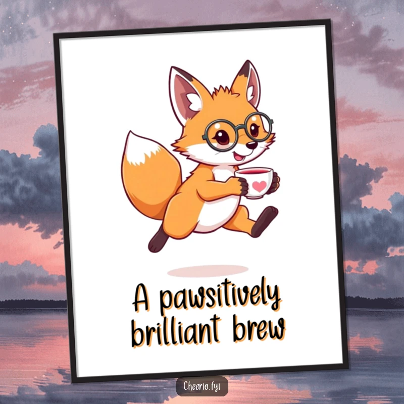 Funny Free Printable Wall Art: Leaping fox with a monocle and tiny teacup, exuding sophistication and humor.