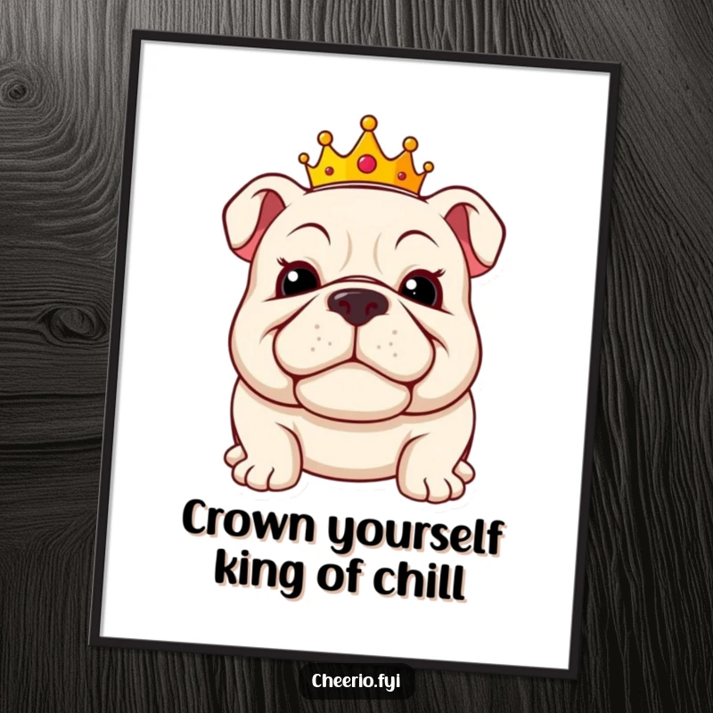 Funny Free Printable Wall Art of a jolly bulldog wearing a small crown and a proud grin, exuding happy authority.