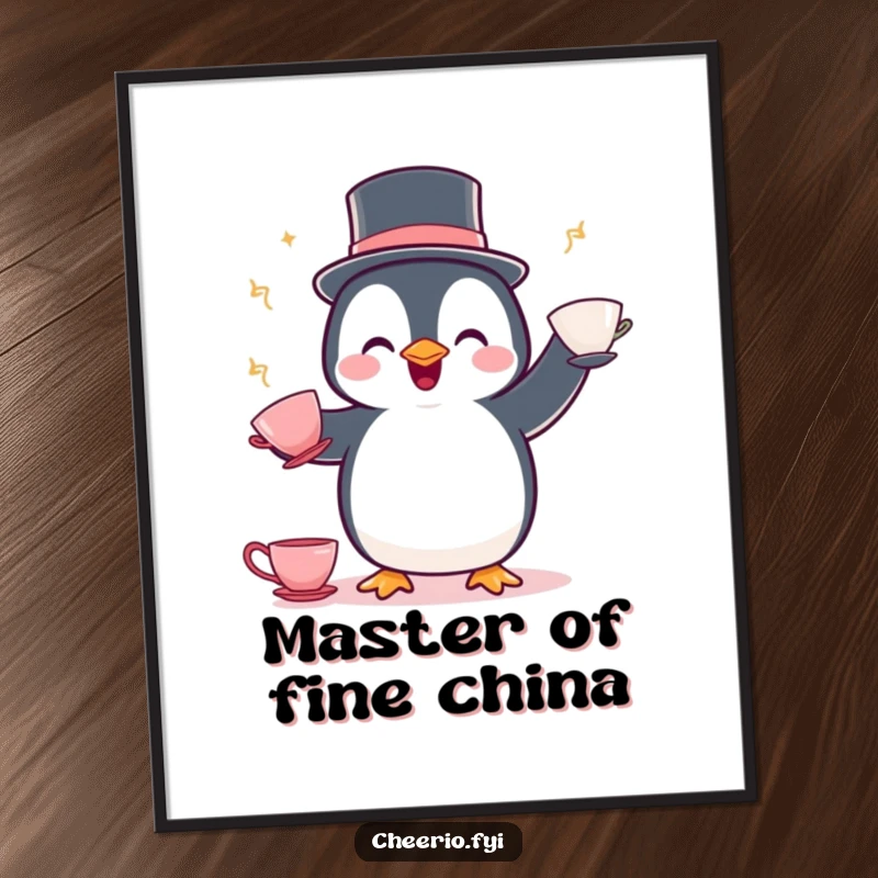 Funny Free Printable Wall Art: A penguin in a bowler hat performs an impressive teacup juggling act with great delight.