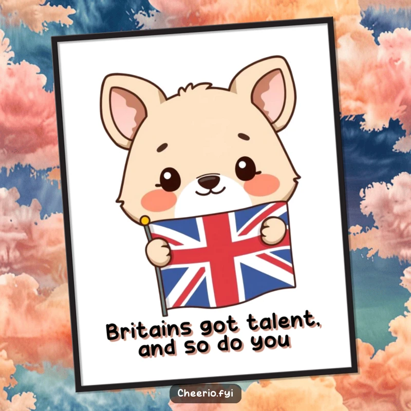 Funny Free Printable Wall Art of a happy animal peeking out from behind a small Union Jack flag, adding a playful touch.