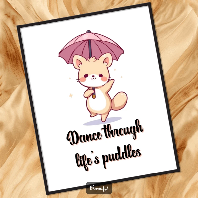 Funny Free Printable Wall Art: Whimsical animal joyfully dancing with a tiny umbrella, a charming and humorous piece of downloadable art.