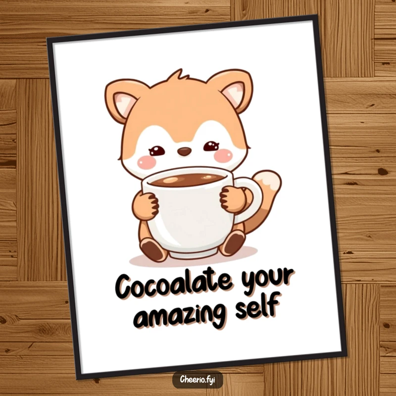 Funny free printable wall art of an animal character offering a steaming cup of warm cocoa, perfect for adding cozy and humorous decor.