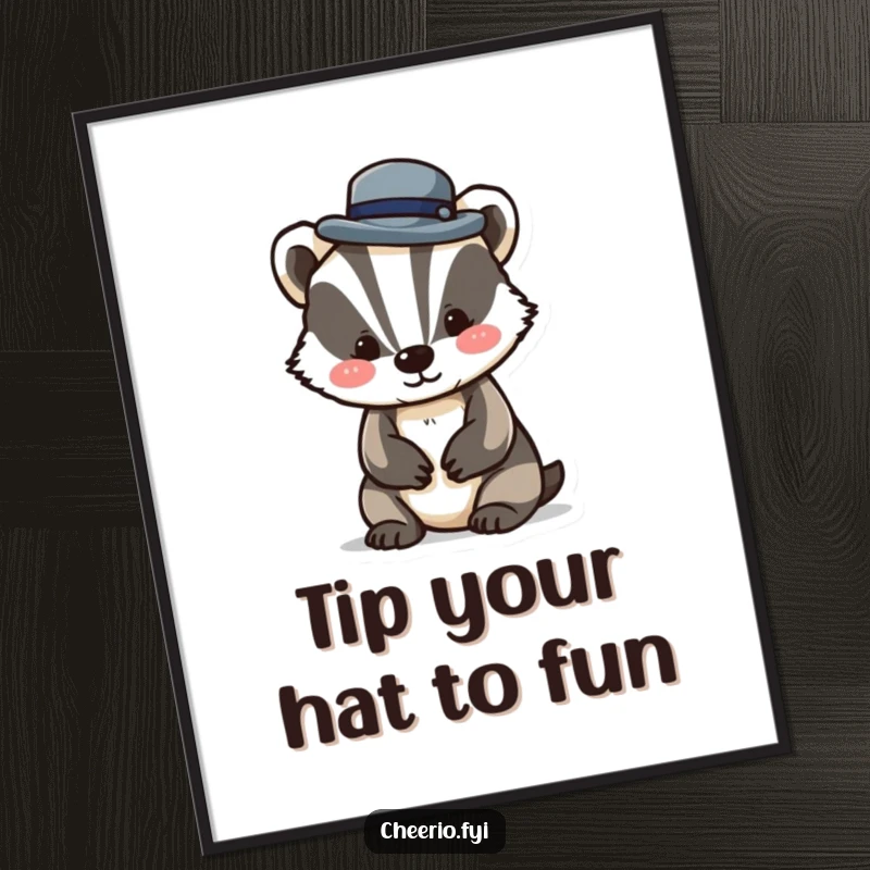Funny Free Printable Wall Art depicting a playful badger character tipping a tiny bowler hat with a sophisticated yet cheerful demeanor.