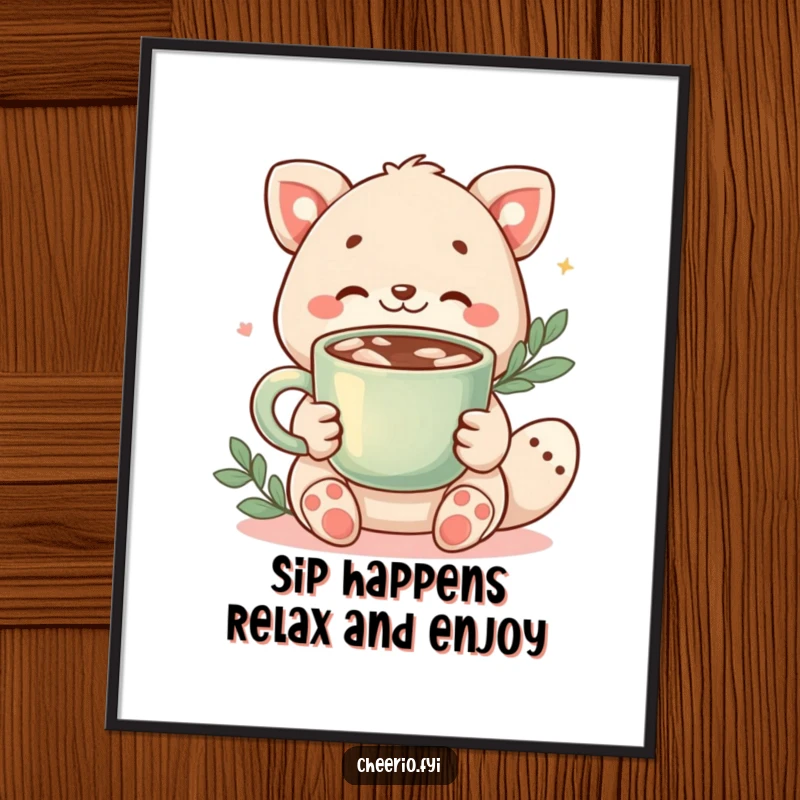 Funny Free Printable Wall Art: an animal character holding a warm cup of cocoa, radiating comfort and relaxation. Downloadable decor.