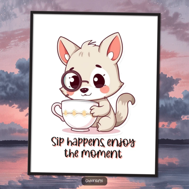 Funny Free Printable Wall Art: A curious animal character sporting a monocle closely inspects a teacup with focused, discerning attention.