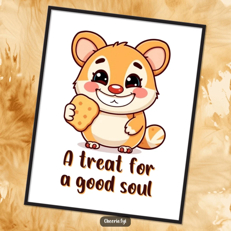Funny Free Printable Wall Art of an animal mascot with a wide, welcoming grin, holding out a tempting biscuit.