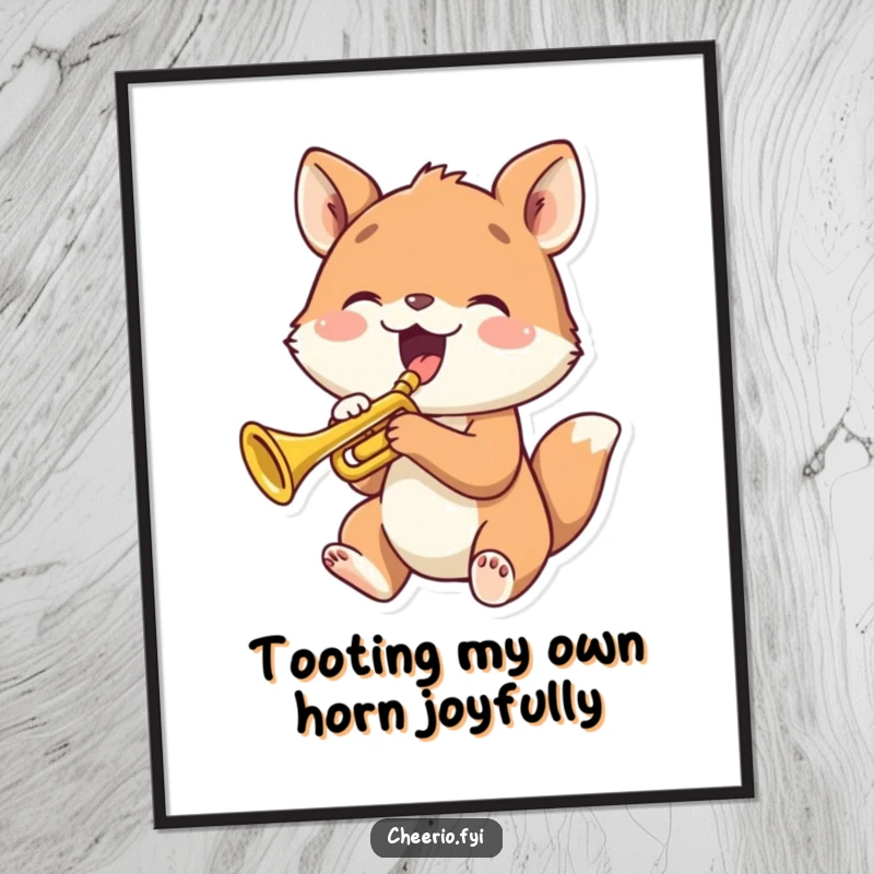 Funny Free Printable Wall Art depicting an animal joyfully playing a tiny trumpet, perfect for downloadable whimsical decor.