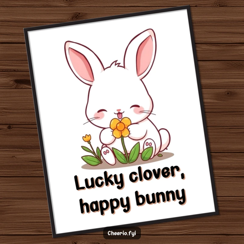 Funny Free Printable Wall Art: A content rabbit with alert ears nibbles on a stylized clover, looking serene.