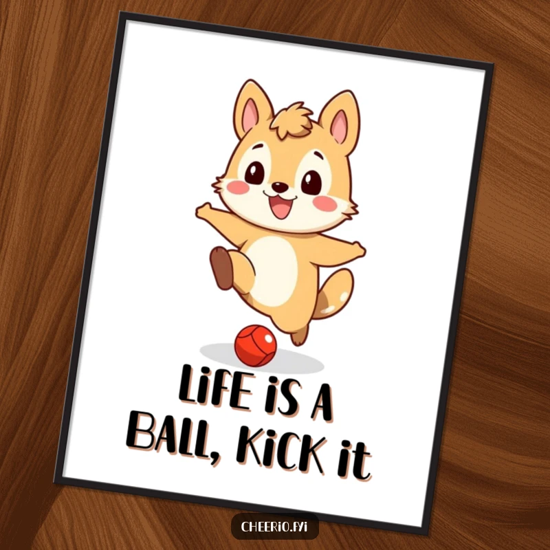 Funny Free Printable Wall Art: An energetic animal character kicking a small red ball, captured mid-air with a huge, delighted grin.