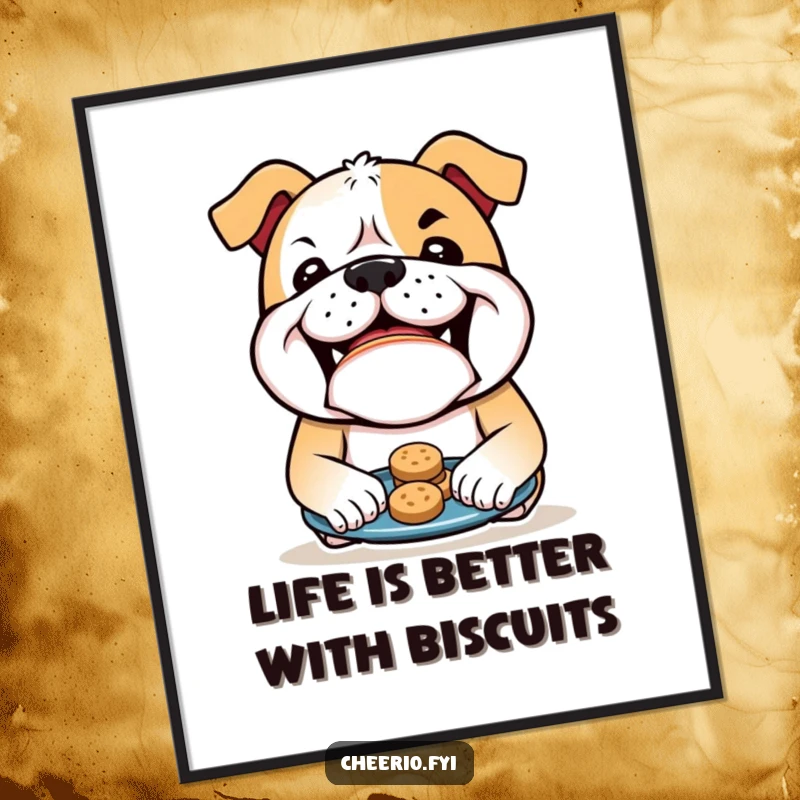 Funny Free Printable Wall Art: Mischievous bulldog with a wide grin offers a tempting plate of biscuits, charming downloadable decor.