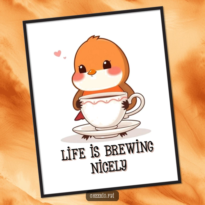 Funny Free Printable Wall Art: Playful robin with proper posture offers teacup, charming decor, downloadable art.