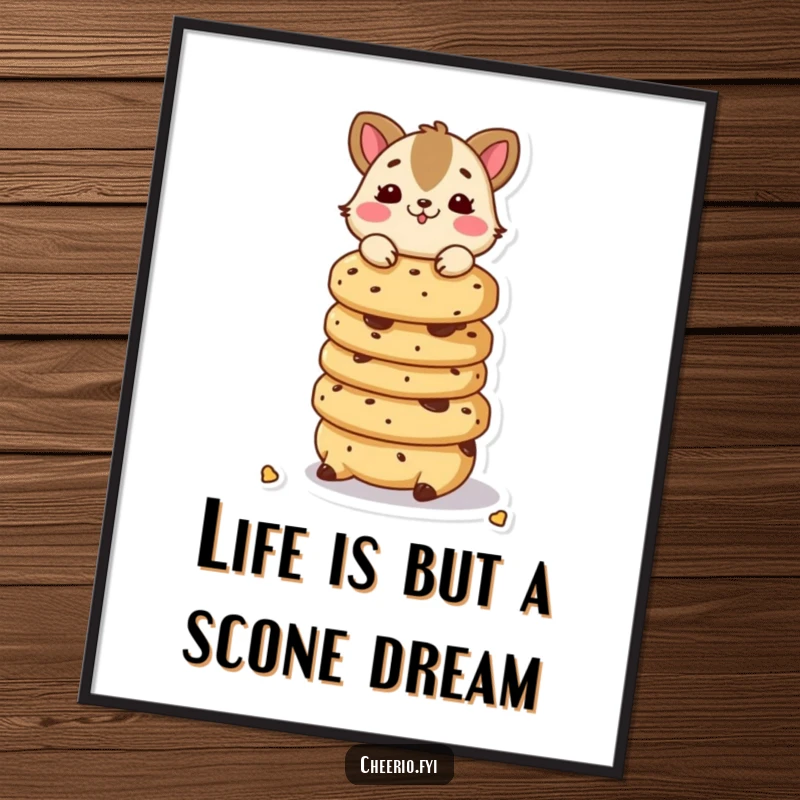 Funny Free Printable Wall Art of a playful animal skillfully balancing a tall stack of scones, adding a whimsical touch.