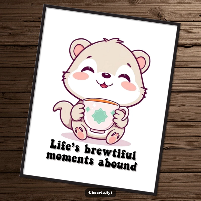 Funny Free Printable Wall Art featuring a cute, smiling animal holding a tiny teacup, creating a cozy and charming vibe.