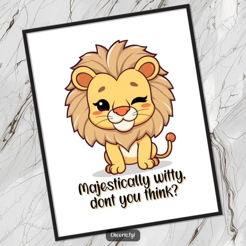 Funny Free Printable Wall Art: A majestic lion striking a regal pose delivers a confident and charming wink.